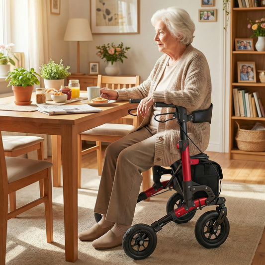 Folding Rolling Walker, an elderly woman sitting on the red mobility aid at a dining table in a bright living room