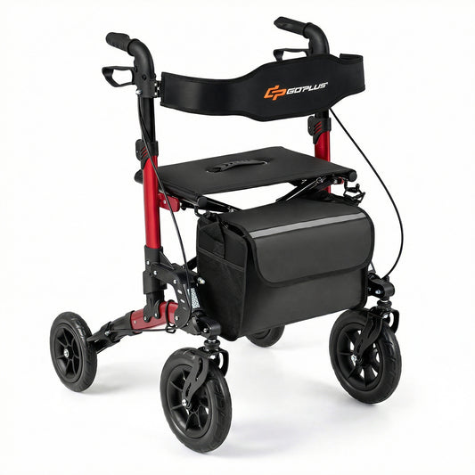Folding Rolling Walker in red with a black seat, storage bag and mesh backrest on a white background