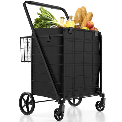 The shopping tote filled with fresh groceries and bread loaves