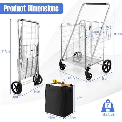 Product dimensions diagram showing the folding shopping cart with waterproof liner