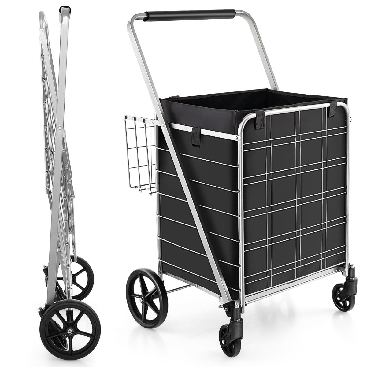 Side view of the folding shopping cart with waterproof liner, shown open and folded