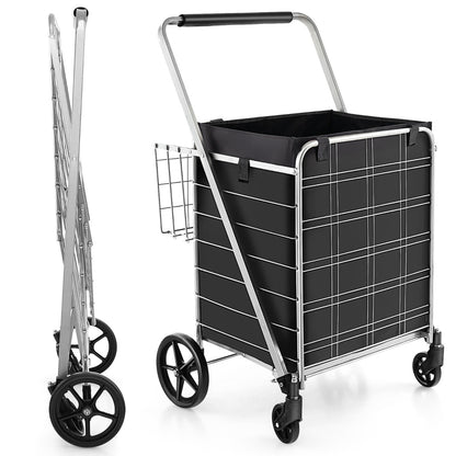 Side view of the folding shopping cart with waterproof liner, shown open and folded