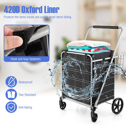 Close-up of the waterproof liner inside the folding shopping cart with waterproof liner