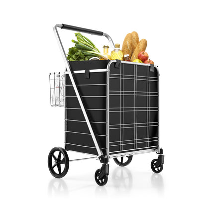 Folding Shopping Cart with Waterproof Liner, a black and white checked trolley full of groceries