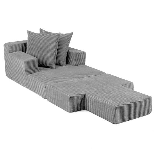 Folding Sofa Bed in grey corduroy fabric shown in a fully extended flat position with two pillows