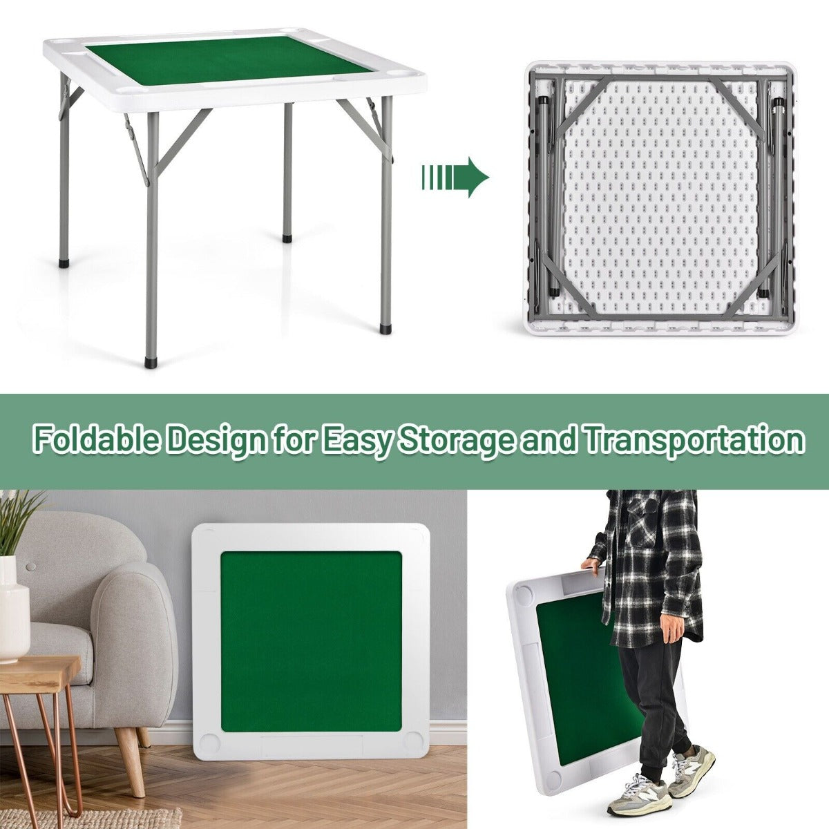 The game table showing the folding mechanism and a person carrying the folded unit