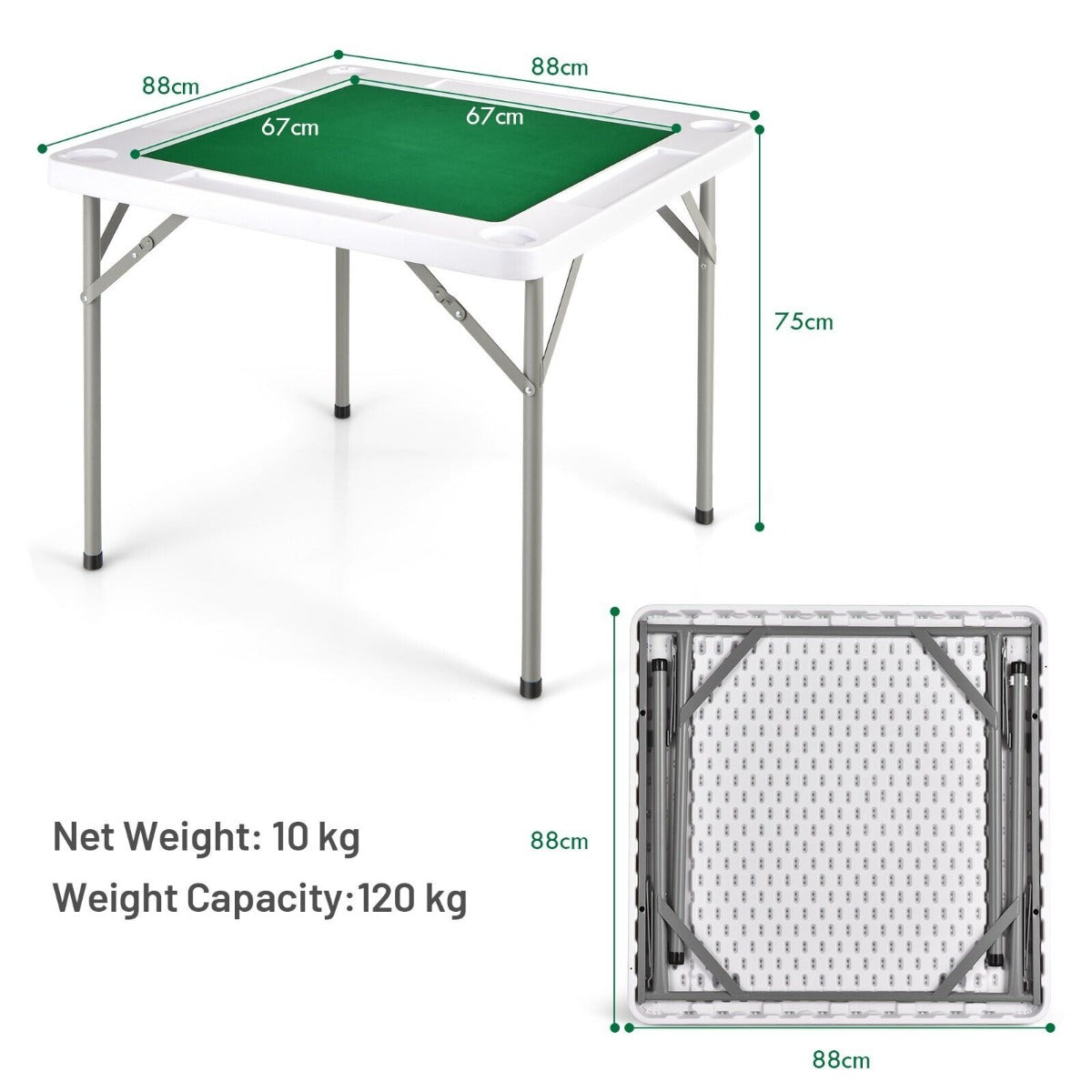 The game table showing dimensions and the underside when folded flat for storage