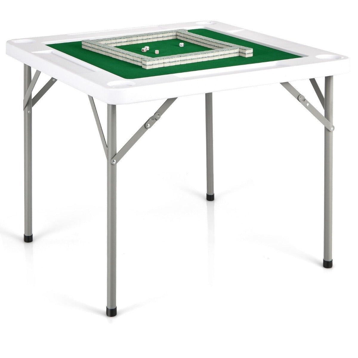 The game table with a set of tiles arranged in a square on the green playing surface