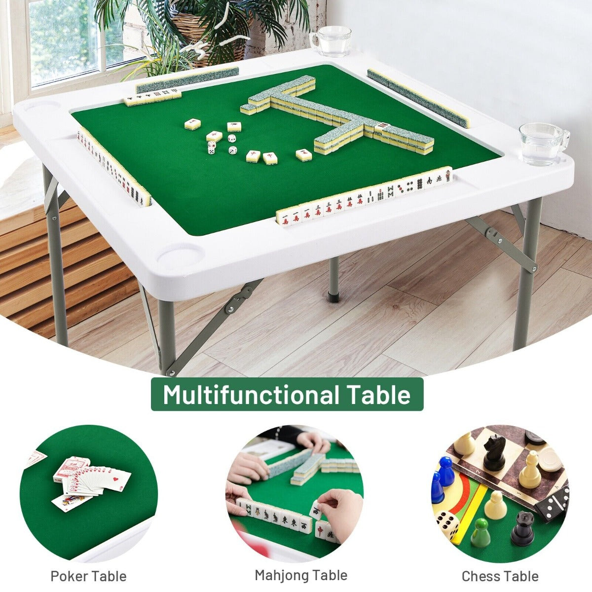 The game table showing its versatility for playing cards, mahjong and chess games