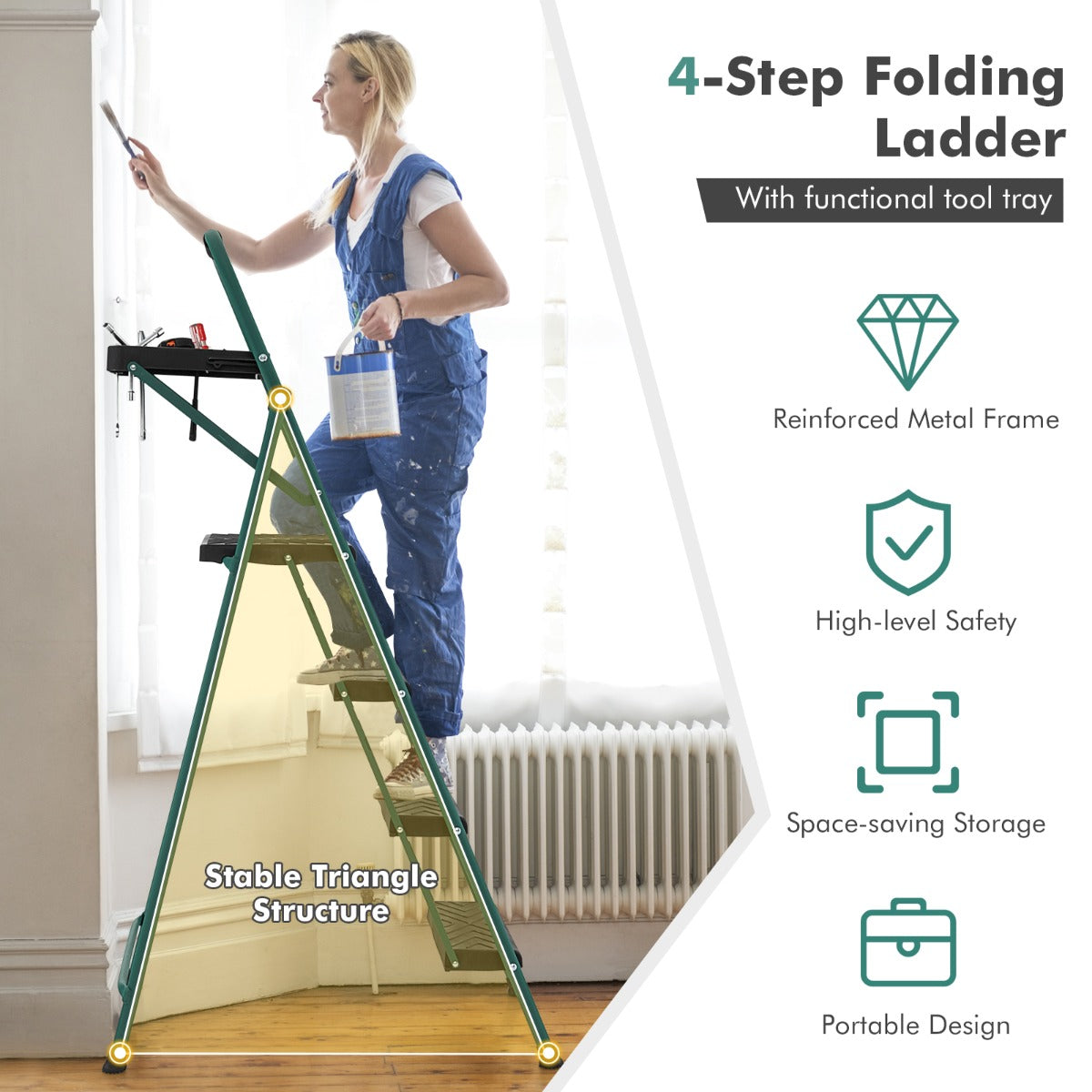 The metal step ladder in use with text highlights showing the stable triangle structure