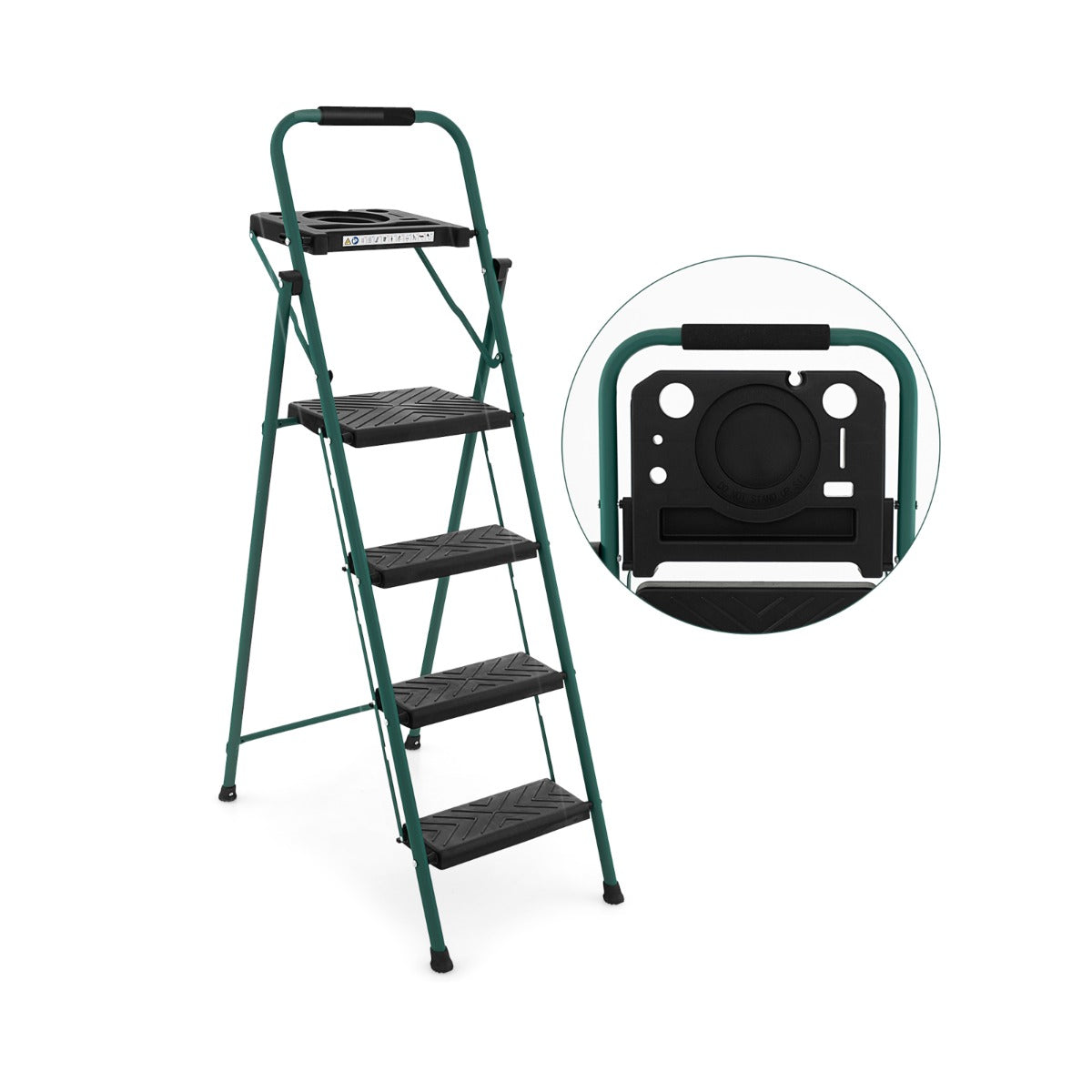 Folding Step Ladder shown in black with a close-up of the top handle and tool tray area