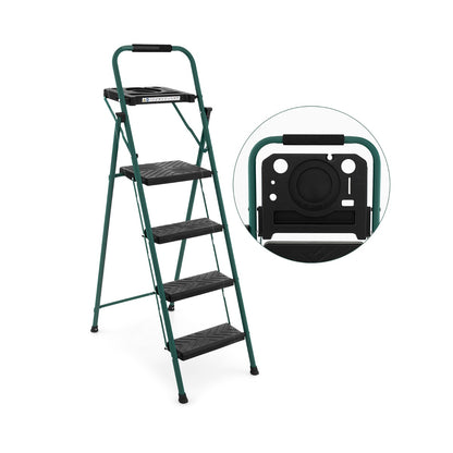 Folding Step Ladder shown in black with a close-up of the top handle and tool tray area