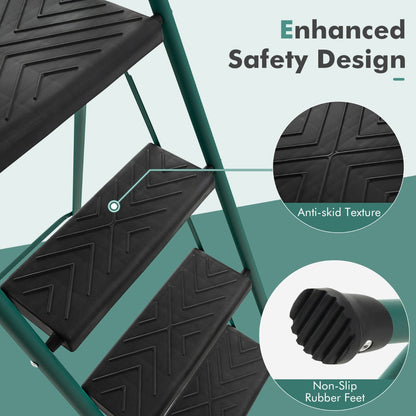 The metal step ladder showing close-ups of the textured step surface and rubber feet