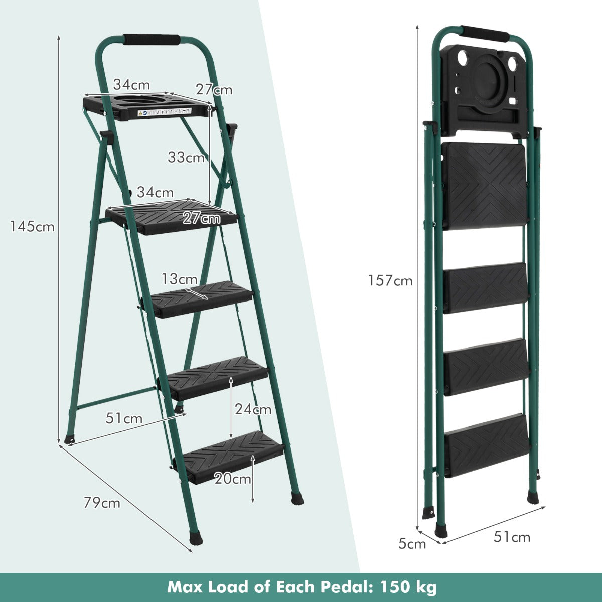 The metal step ladder shown in open and folded positions with various dimension labels