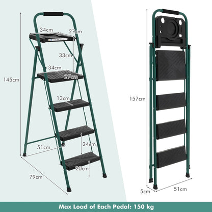 The metal step ladder shown in open and folded positions with various dimension labels