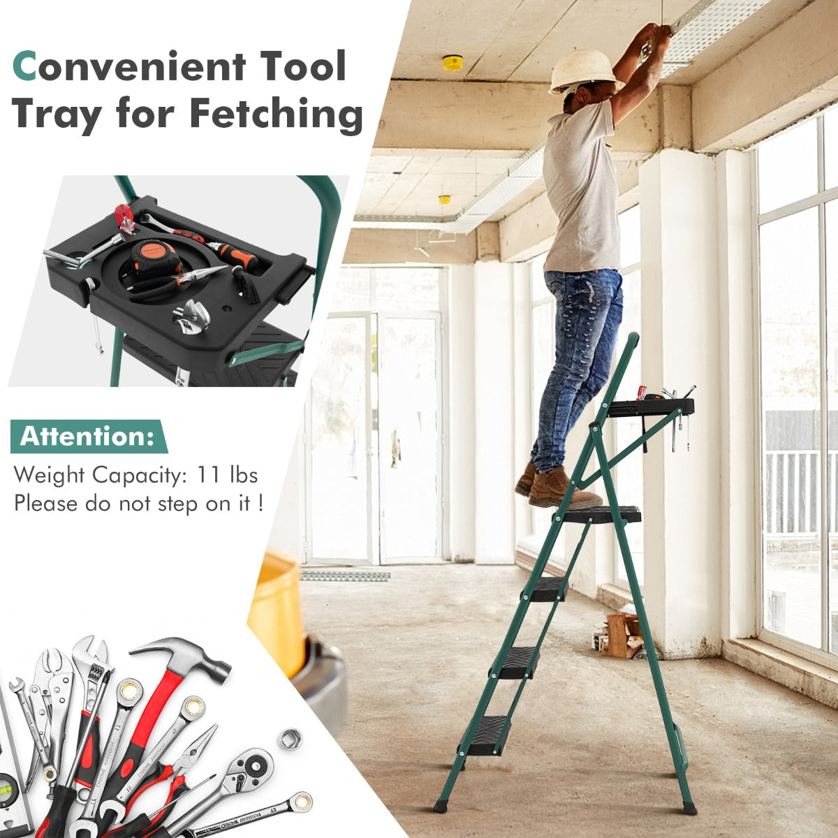 A man using the metal step ladder to reach the ceiling with a close-up of the tool tray