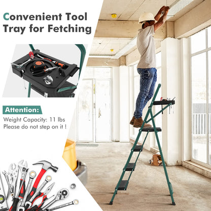 A man using the metal step ladder to reach the ceiling with a close-up of the tool tray
