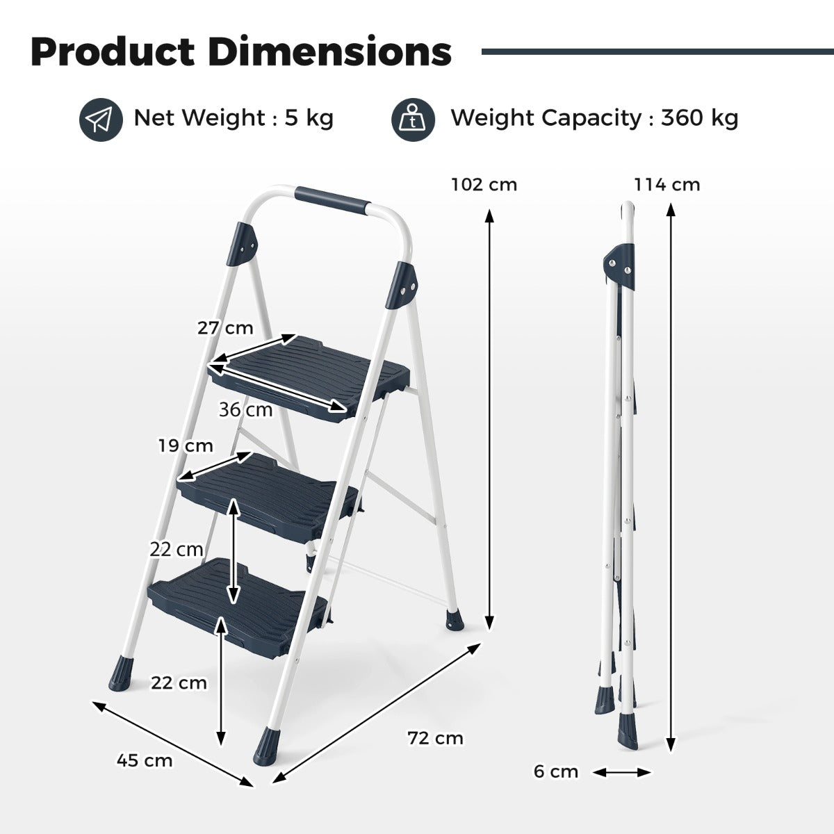 Diagram showing the dimensions of the blue step stool