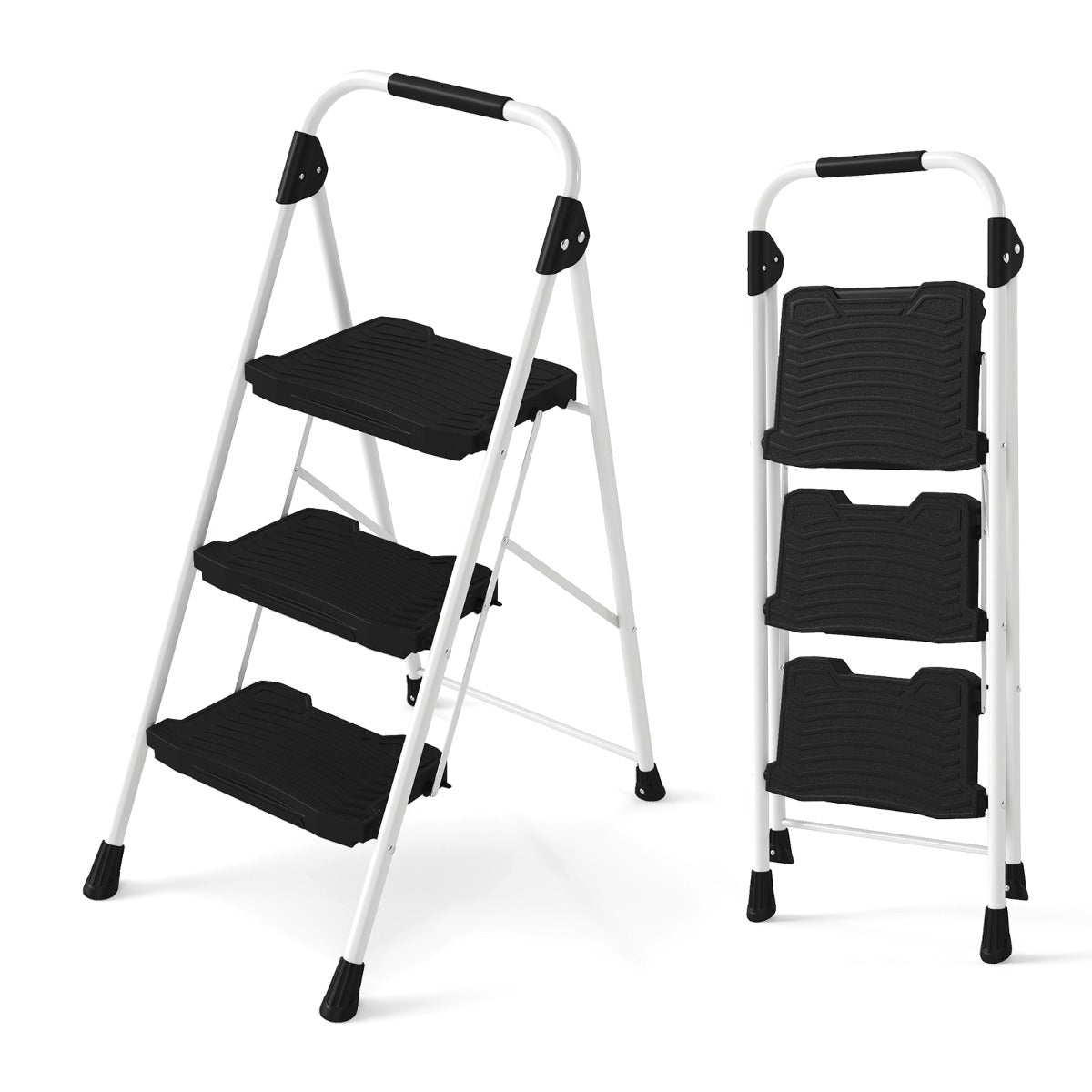 Folding Step Stool with a cushioned handrail and three wide anti-slip pedals