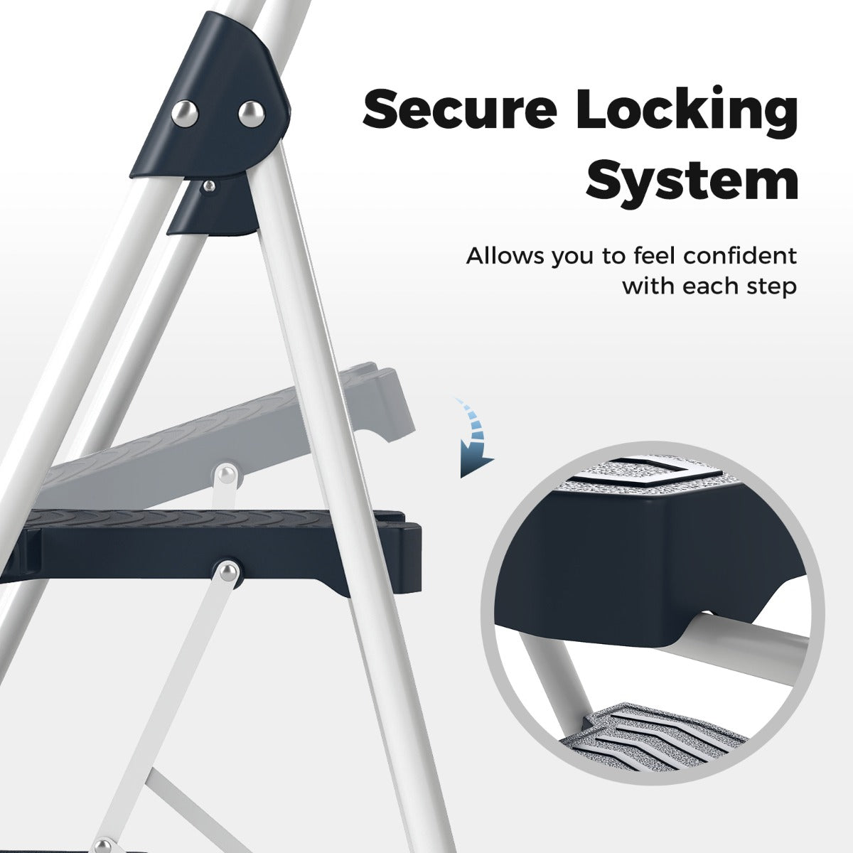 Close up of the secure locking mechanism of the step stool