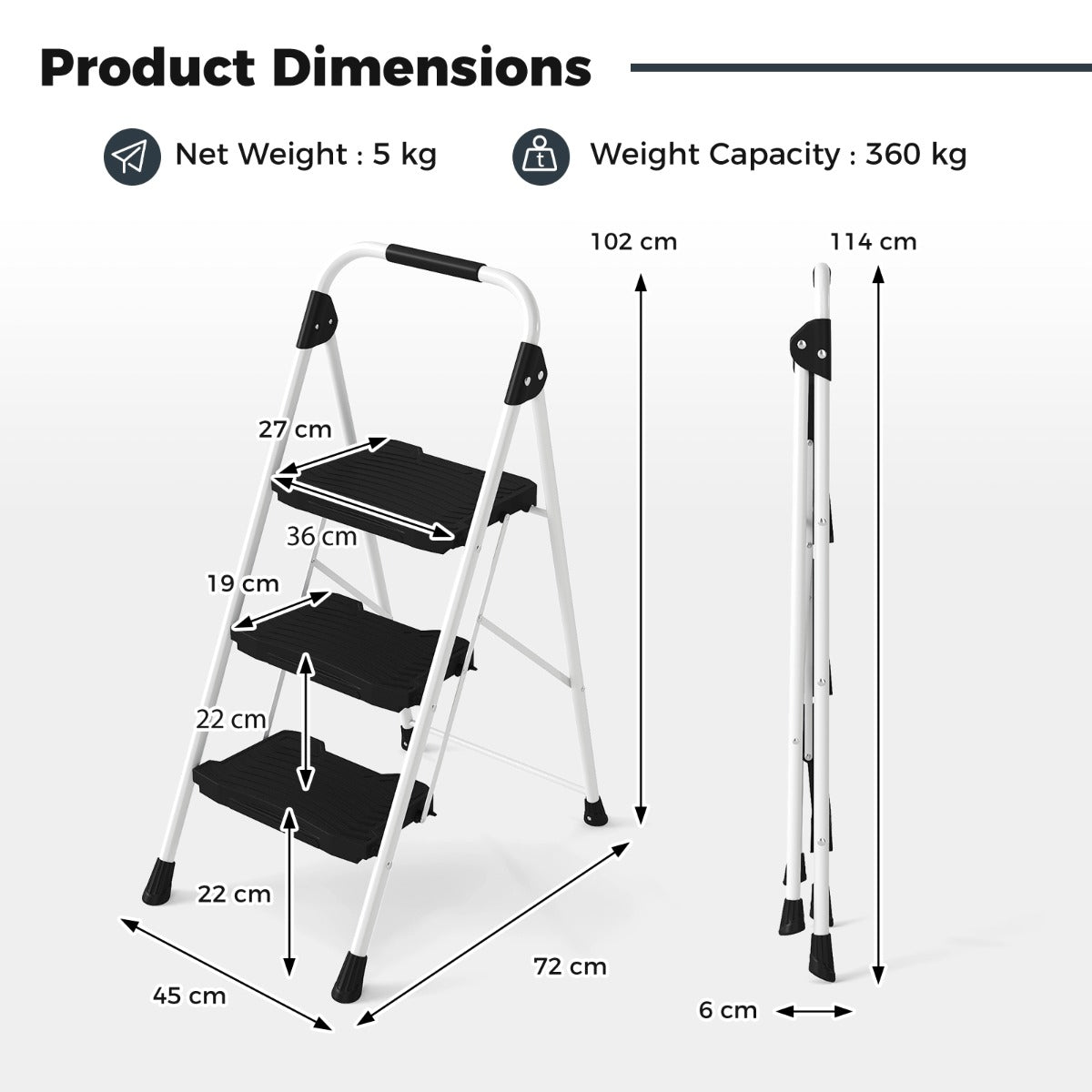 A diagram showing the dimensions of the folding step stool