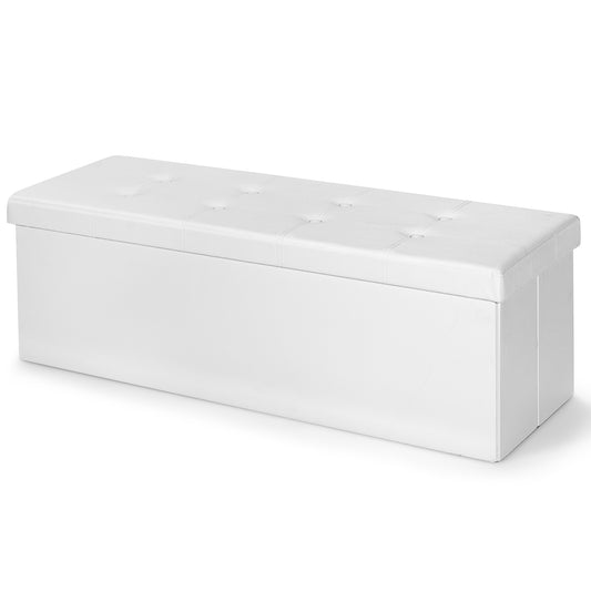 Folding Storage Ottoman Bench with Lid, a white rectangular storage box with a tufted lid