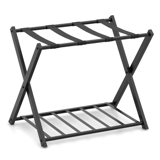 Folding Suitcase Stand with a black metal frame and a slatted storage shelf at the base