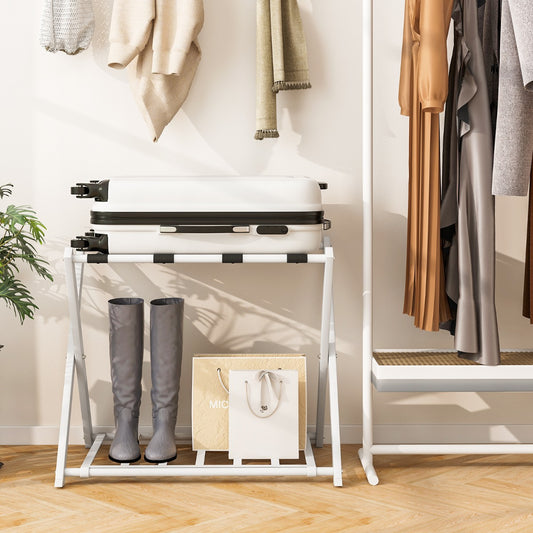 The white luggage rack holding a suitcase and boots next to a clothes rail