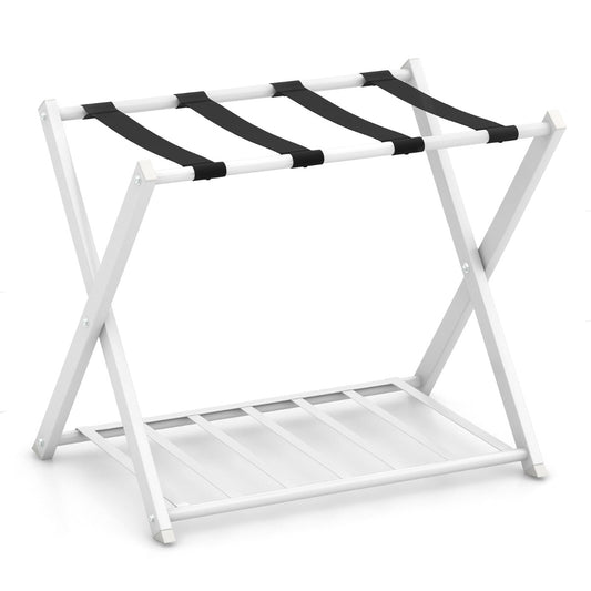 Folding Suitcase Stand with storage shelf in white, a practical luggage rack for guest rooms