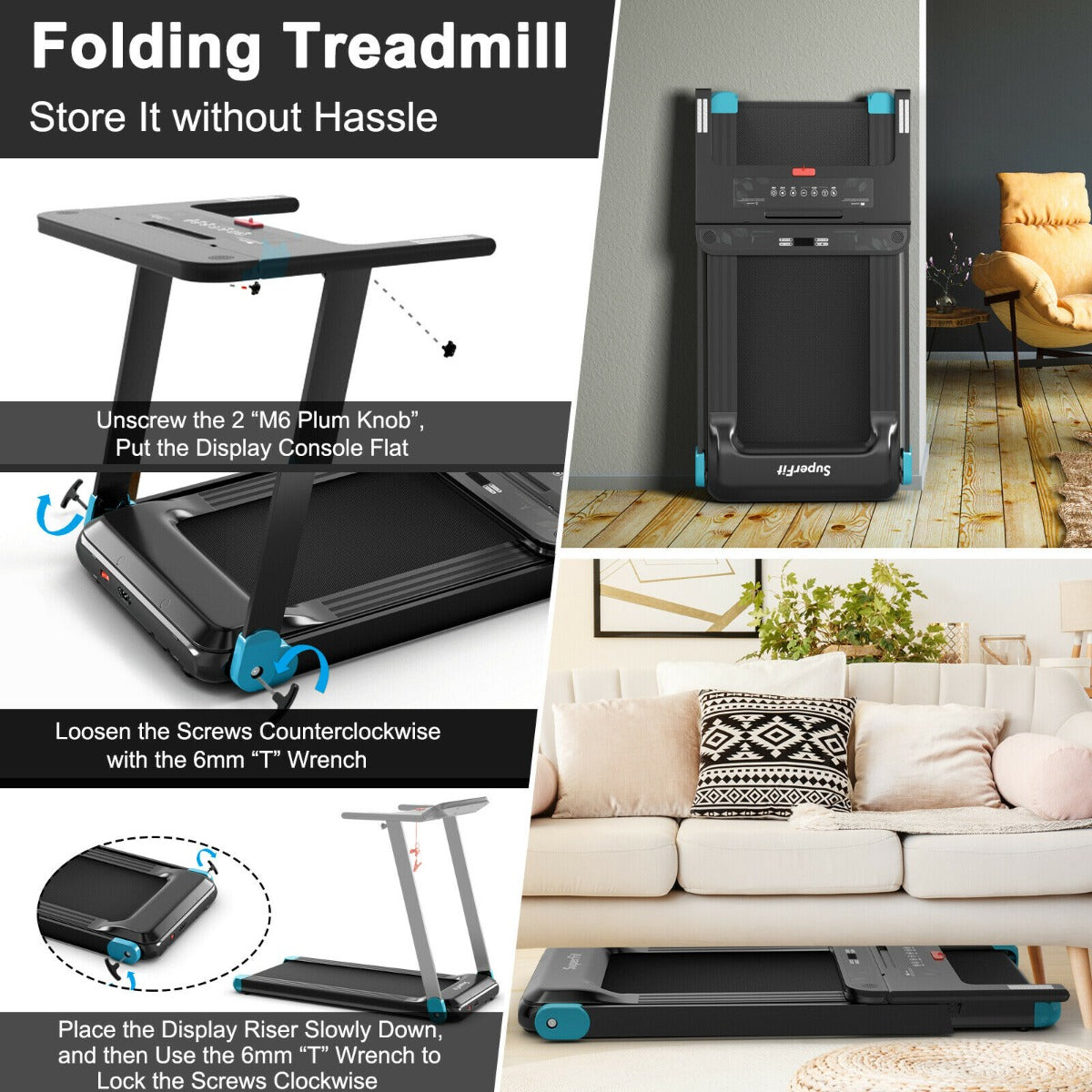 Instructions on how to fold the blue treadmill for storage