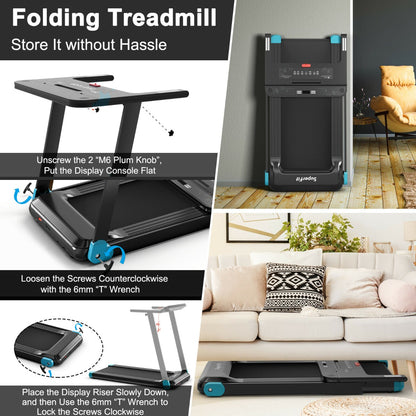 Instructions on how to fold the blue treadmill for storage