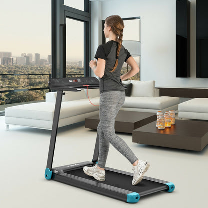 Woman running on the blue folding treadmill in a modern living room