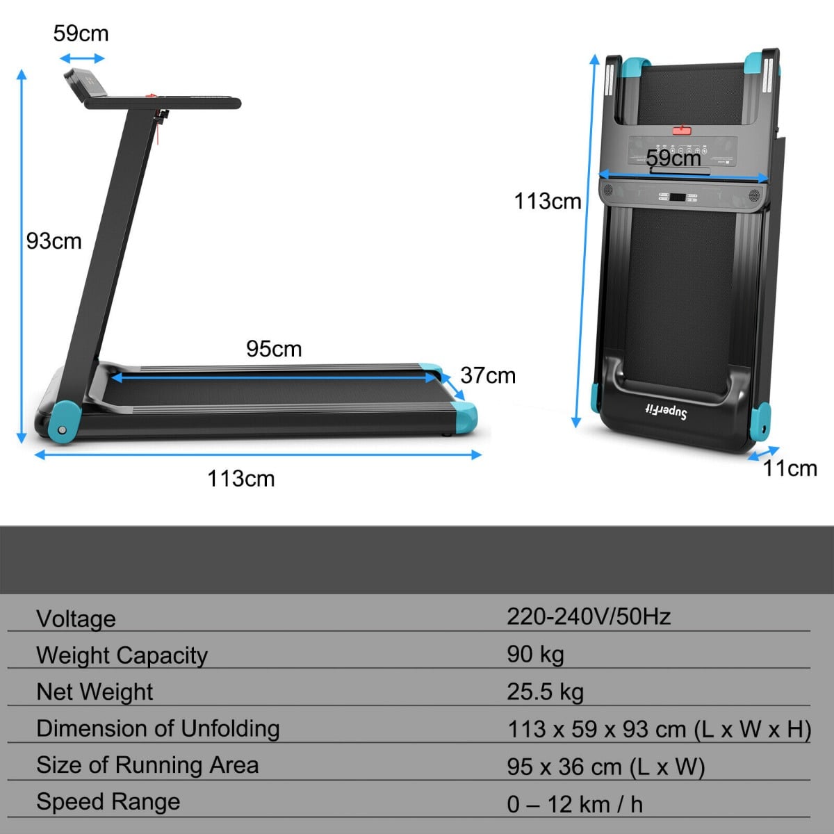 Dimensions of the blue folding treadmill when unfolded and folded