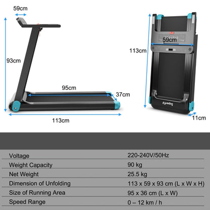Dimensions of the blue folding treadmill when unfolded and folded