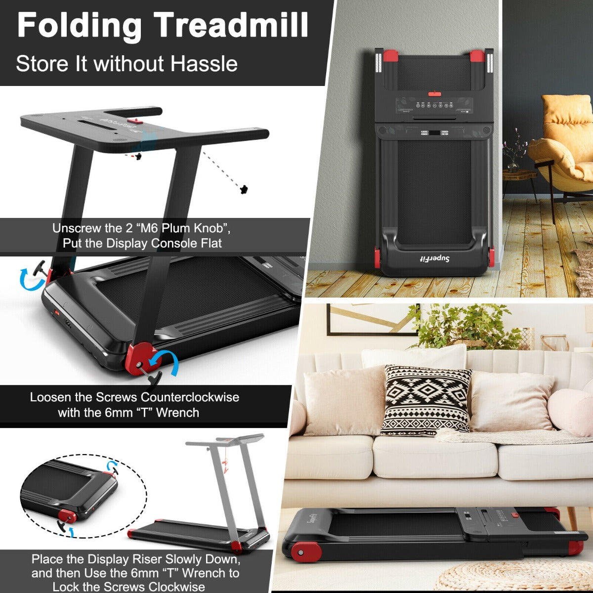 Steps for folding the red electric treadmill with a view of it stored upright in a room