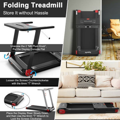 Steps for folding the red electric treadmill with a view of it stored upright in a room