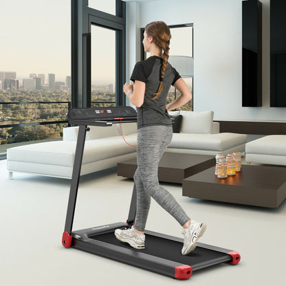 A woman running on the folding treadmill in a modern living room with city views