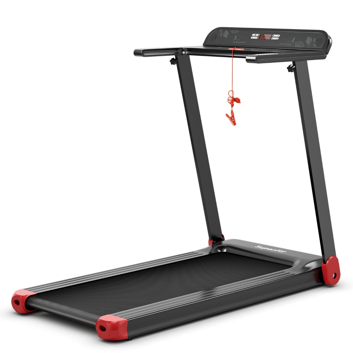 Folding Treadmill with APP Control and Bluetooth Speaker, a red and black electric treadmill with a running belt and console
