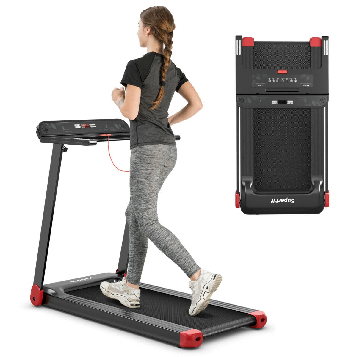 A person running on the red electric treadmill with a top view of the console and frame