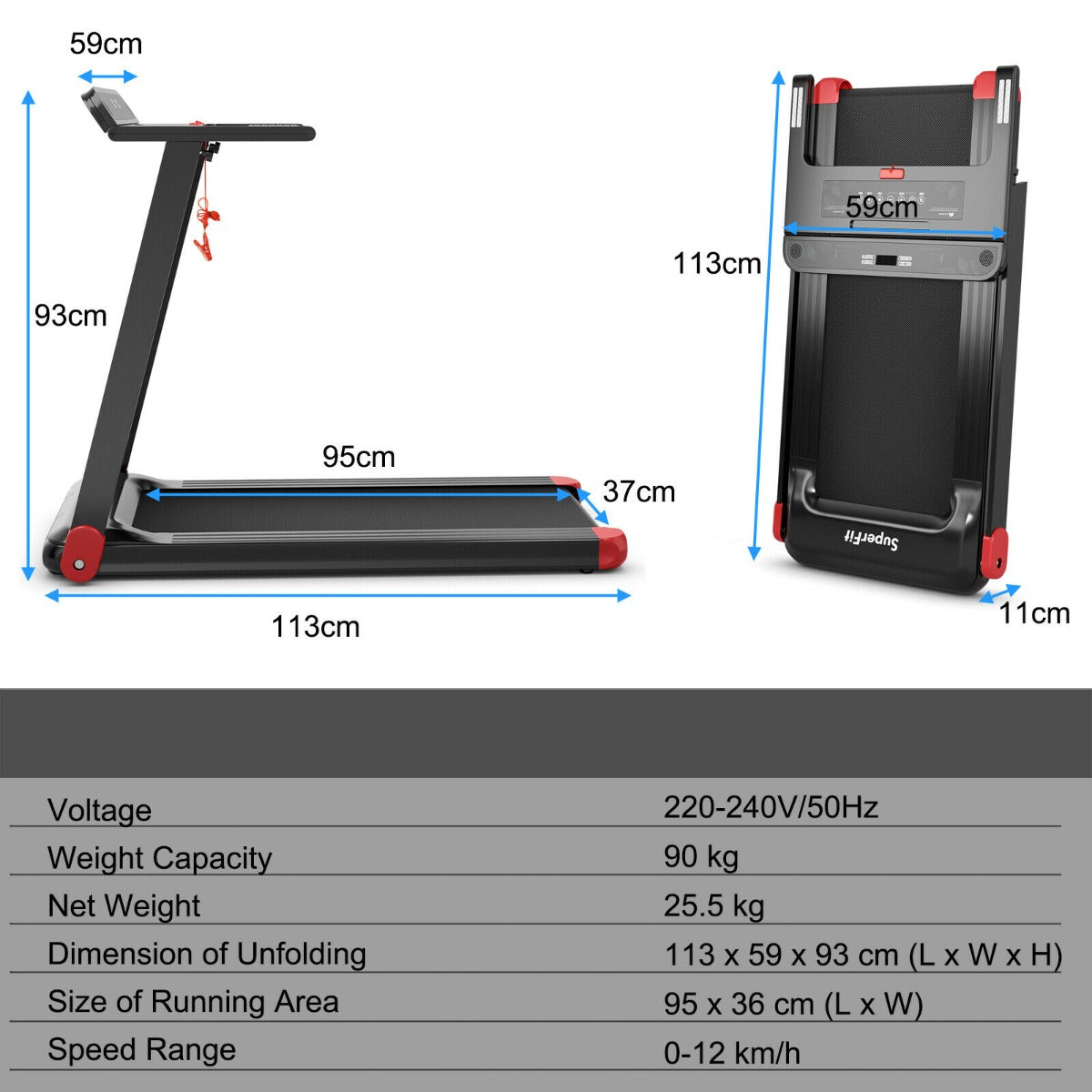 Diagram showing the dimensions and specifications of the folding treadmill