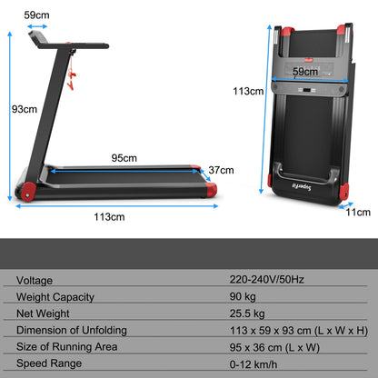 Diagram showing the dimensions and specifications of the folding treadmill