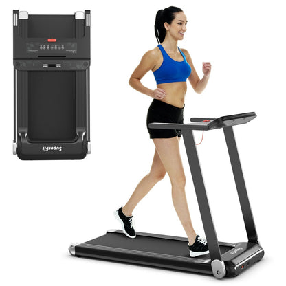 The treadmill is shown folded and unfolded with a woman running on it