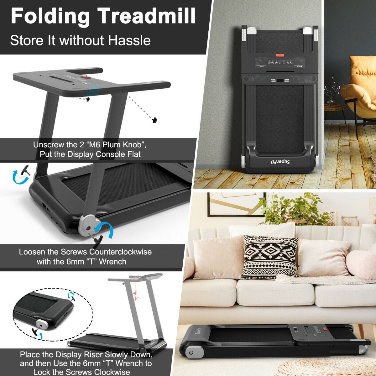Instructions for folding the treadmill are shown with close-up images