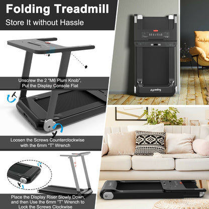 Instructions for folding the treadmill are shown with close-up images