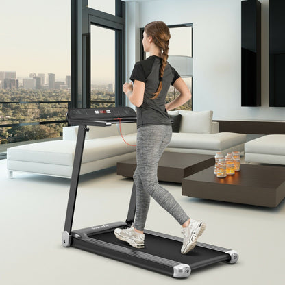 A woman runs on the treadmill in a modern living room setting