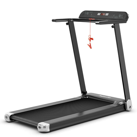 Folding Treadmill with APP Control and Bluetooth Speaker in silver, showing the full product from a front angle