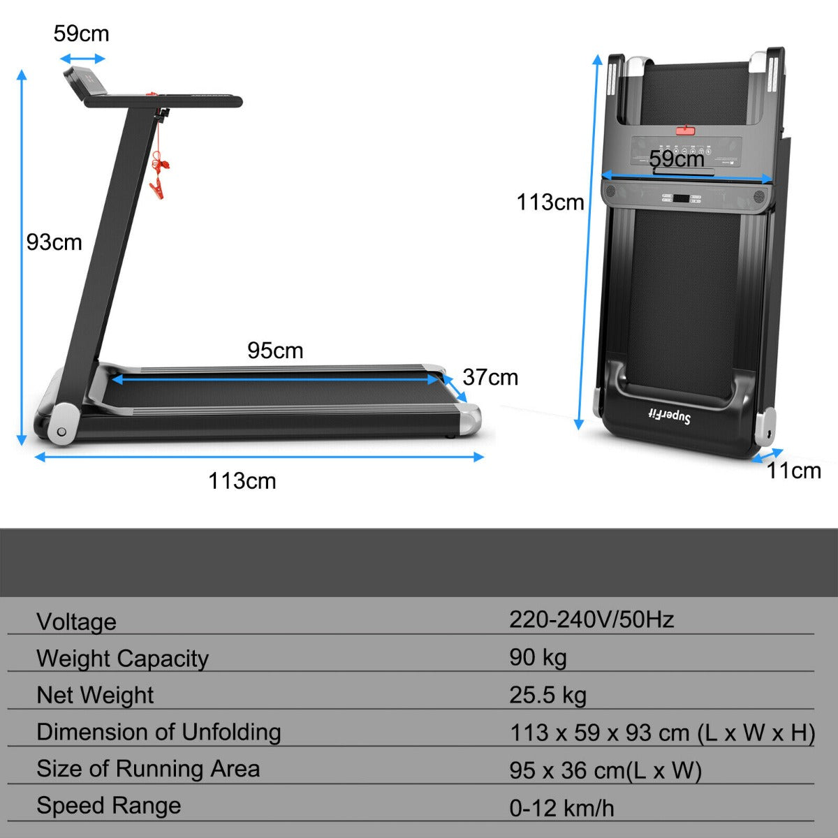 Dimensions of the treadmill are shown in a diagram with the product folded and unfolded