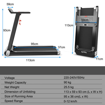 Dimensions of the treadmill are shown in a diagram with the product folded and unfolded