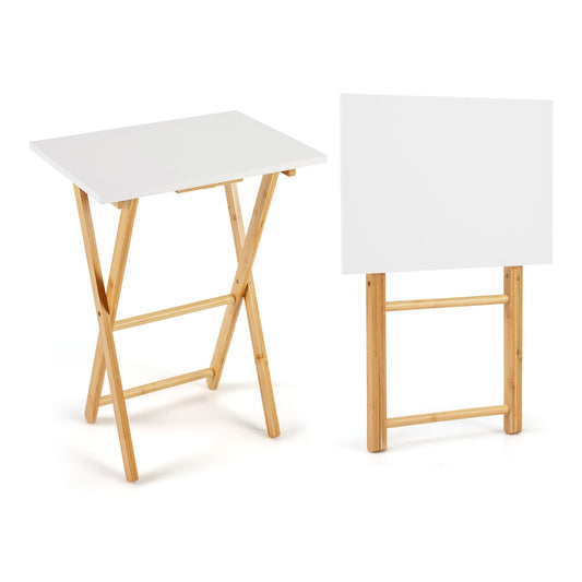 Folding TV Tray Tables Set of 2 Bamboo Snack Table for Small Spaces at Couch-White