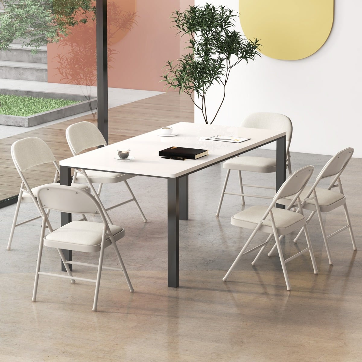 Set of 4 Folding Fabric Padded Chairs with Sponge Seat and Backrest-Beige
